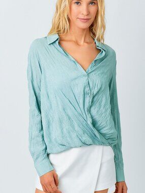 MYSTREE Mint Green Crinkle Satin Surplice Blouse | Long Sleeve Collared Wrap